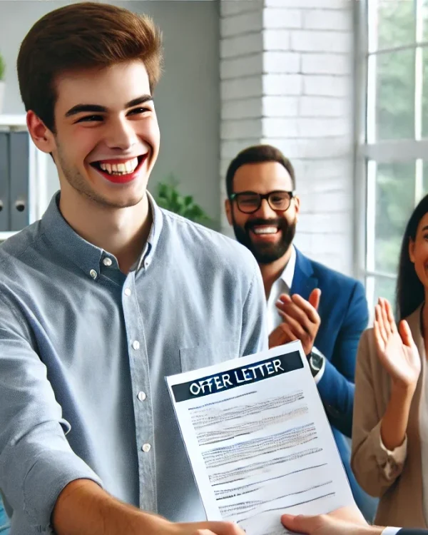 DALL·E 2025-03-27 12.36.40 - A successful job placement moment where a young candidate is receiving an offer letter from a recruiter in a professional office setting. The candidat